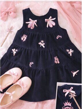 Rare Editions Girls Navy Corduroy Jumper Dress 6X Pink Ballet Shoes Crown Bow